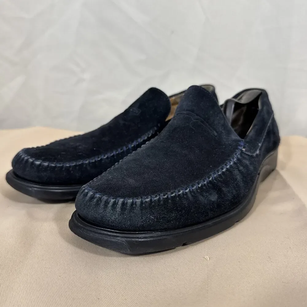 Bruno Magli Men 9.5 Navy Blue Suede Loafers Moc Toe Italian Luxury Shoe Heritage